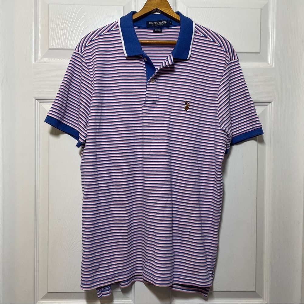 U.S Polo Assn. Mens Large Polo Short Sleeve Striped Shirt Golf Easter Top